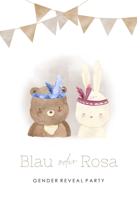 Gender Reveal Einladungskarte Bär und Hase