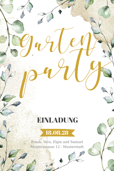 Gartenparty-Einladung mit Zweigen und Aquarell-Hintergrund