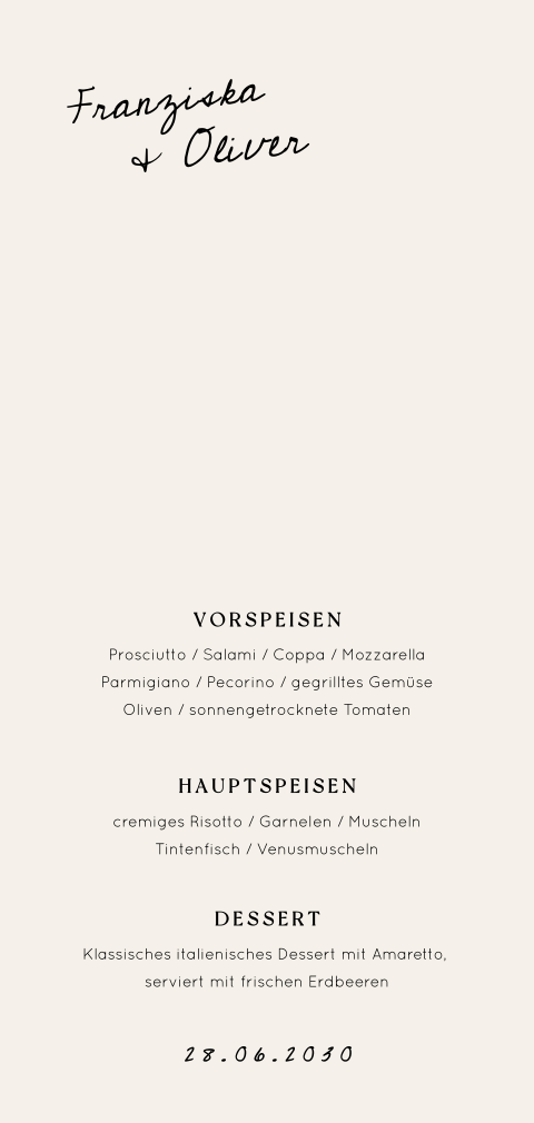 Elegante Menükarte zur Hochzeit im minimalistischen Design