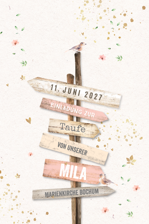 Einladung zur Taufe mit Blütenregen und Vogel