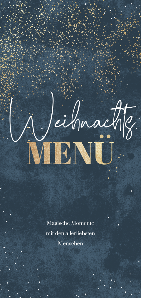 Stilvolle Weihnachtsmenü-Karte in Dunkelblau und Gold