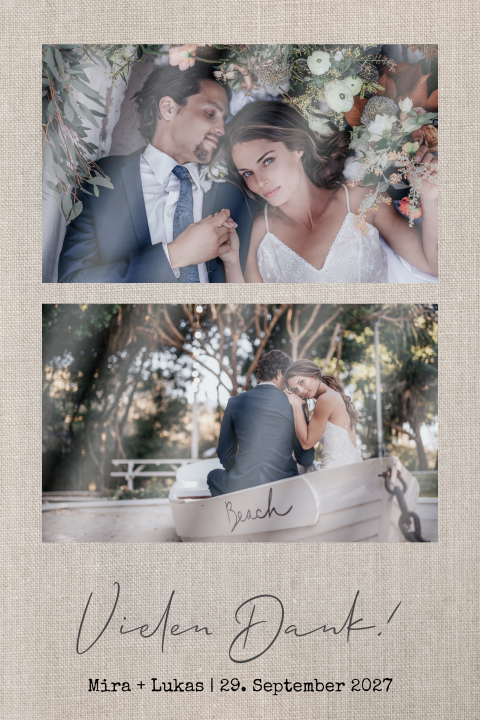 Dankeskarte Hochzeit Fotostreifen Leinen-Look mit zwei Fotos
