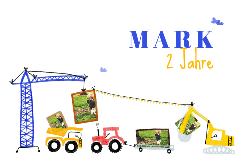 Einladung Kindergeburtstag mit Baustellenfahrzeuge und Fotos