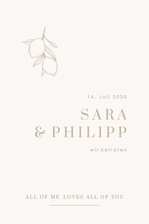 Elegante Klappkarte Hochzeit mit Zitronen und blassrosa Hintergrund