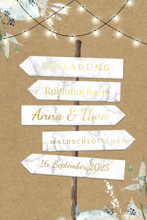 Einladung zur Rubinhochzeit mit Zweigen und Goldfolie