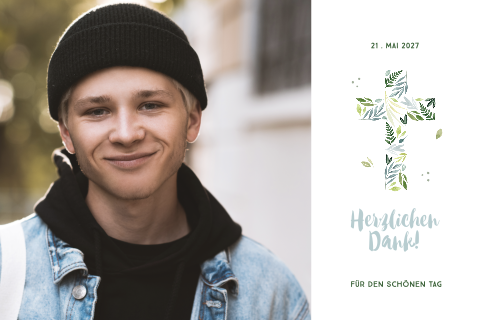 Danksagung zur Konfirmation mit großem Foto und Kreuz aus Blättern