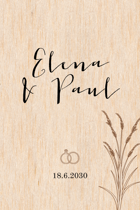 Schicke Hochzeitskarte aus Holz mit braunen Gräsern und Eheringen