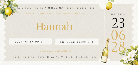 Sommerliche Geburtstagseinladung mit Zitronen und Champagner