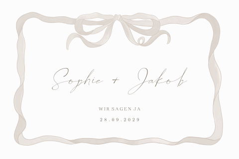 Hochzeitseinladung mit Schleife in Beige & illustriertem Tagesplan