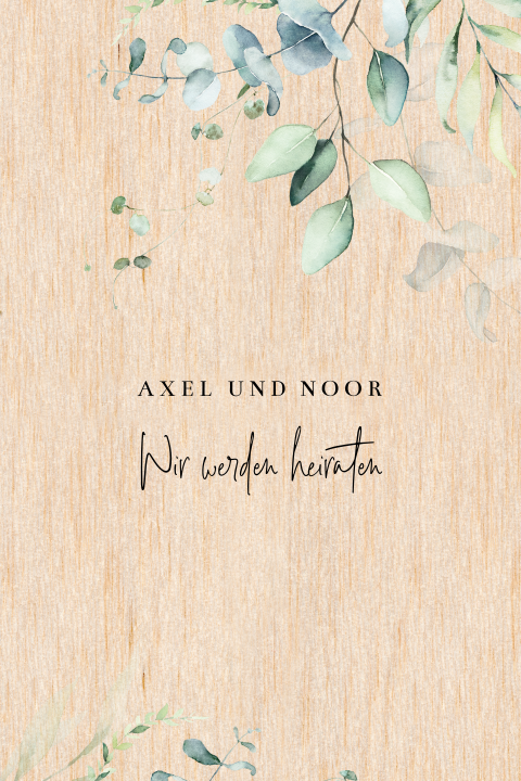 Hochzeitseinladung auf Holz mit Zweigen und abgerundeten Ecken