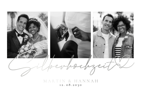 Moderne Einladung zur Silberhochzeit mit drei Fotos und Silberfolie