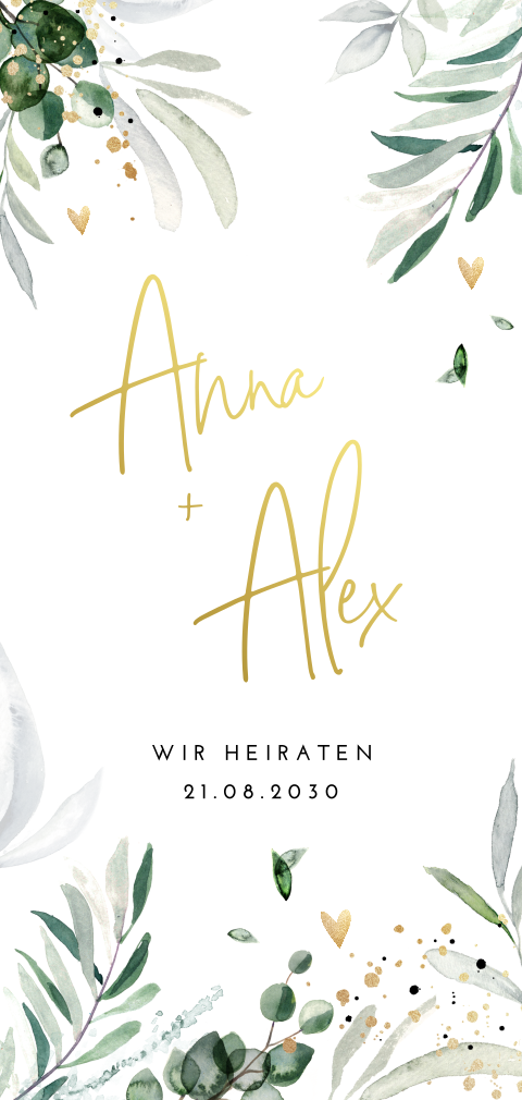 Florale Hochzeitskarte mit Blättern, Herzen und Farbklecksen