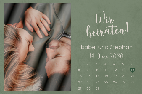 Grüne Hochzeitskarte mit Hochglanz-Foto und Kalender
