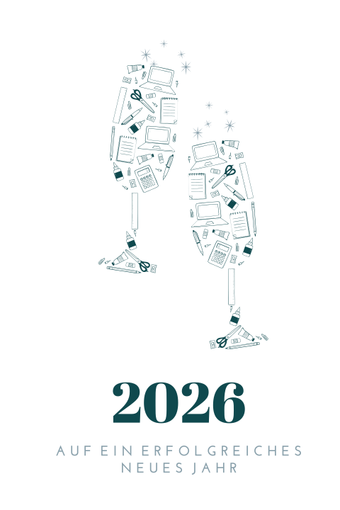 Geschäftliche Neujahrskarte mit Sektgläser und Logo