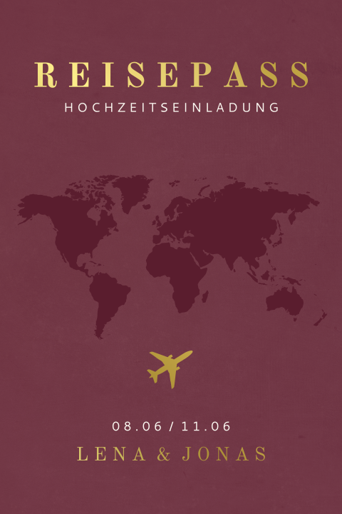Hochzeitseinladung Reisepass mit goldenem Foliendruck