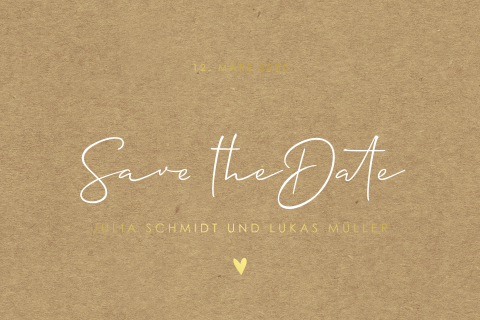 Save the date Karte Goldfolien-Herz in Kraftpapier-Look