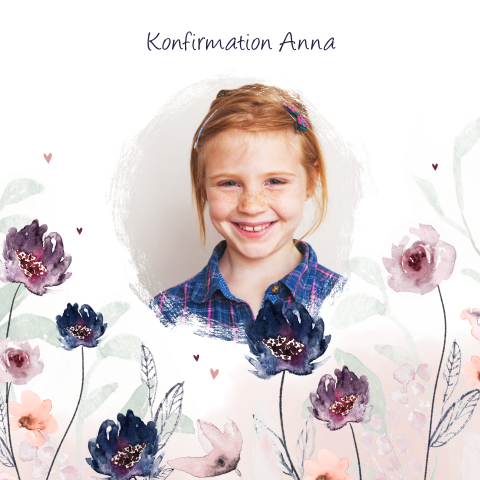 Stilvolle Einladung zur Konfirmation mit Aquarell Blumen und Portrait