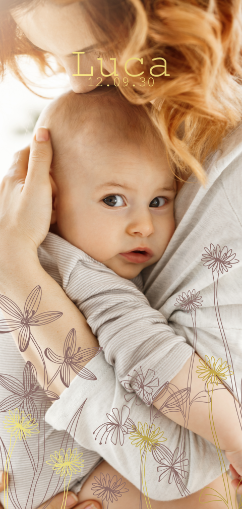 Elegante einfache Geburtskarte mit Blümchen, Foto und Goldfolie