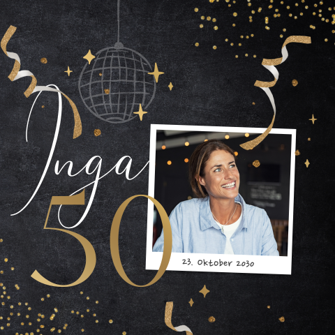 Hippe Einladung zum 50. Geburtstag im Kreidetafel-Look mit Fotos und Mattgoldfolie