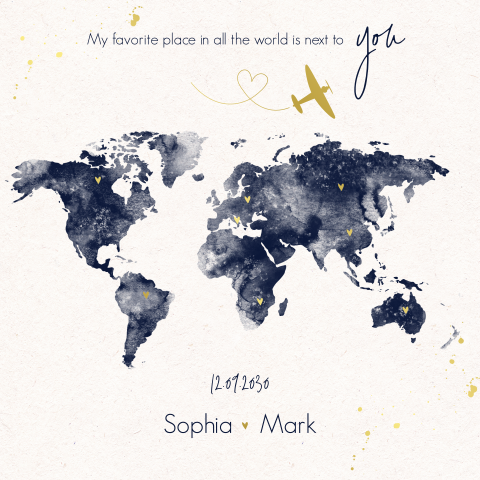 Hochzeitskarte mit Weltkarte, Goldfolie und Flugzeug