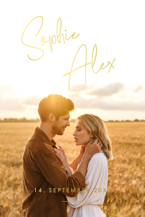 Schicke Hochzeitskarte in Goldfolie mit abgerundeten Ecken und Foto