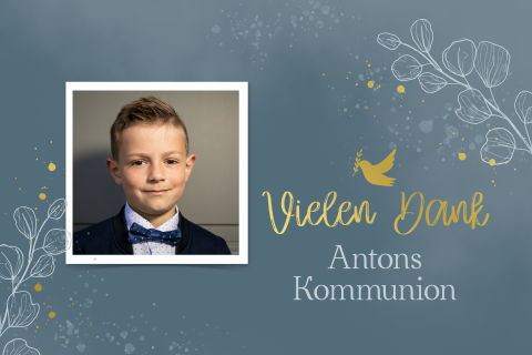 Danksagungskarte zur Kommunion in Blau mit Blättern und Goldspritzern