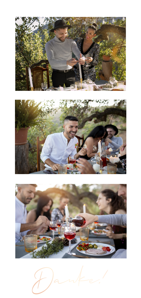 Fotostreifen Dankeskarte Geburtstag mit drei Fotos und Rosegoldfolie