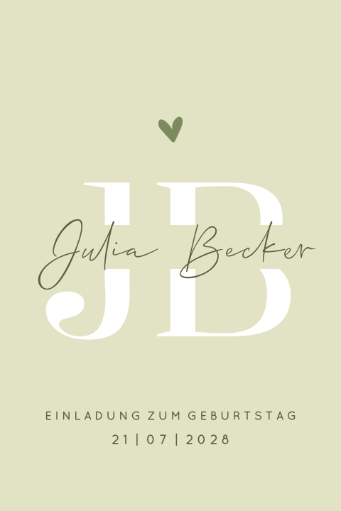 Moderne Einladung zum Geburtstag mit Initialien und Herzen