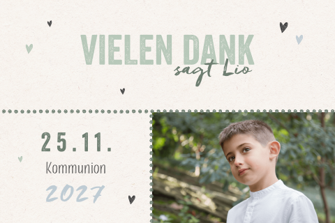 Dankeskarte zur Kommunion mit salbeigrüner Schrift und Foto