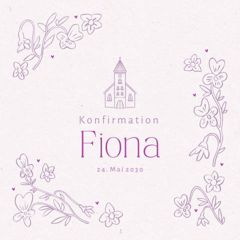 Lila Einladung zur Konfirmation mit Linienzeichnungen von Blumen