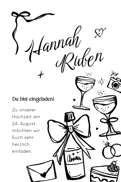 Handgezeichnete Einladungskarte zur Hochzeit mit Schleifchen