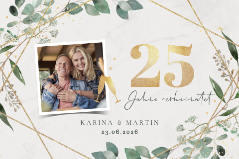 Botanische Einladung zur Silbernen Hochzeit mit Gold und Zweigen