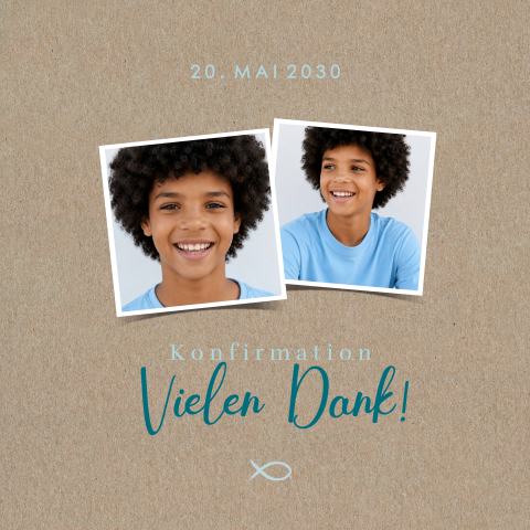 Kraftpapier Dankeskarte zur Konfirmation mit Fotos und blauen Ichthys 
