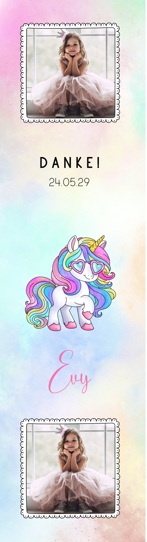 Lesezeichen als Dankeskarte Kommunion mit Einhorn und Foto 4 Stück