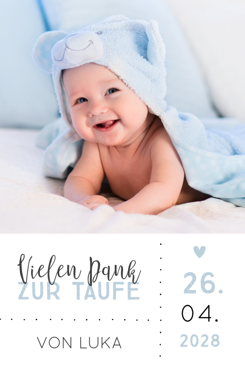 Hübsche doppelseitige Dankeskarte zur Taufe mit Foto