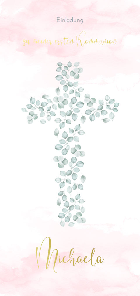 Schöne Kommunionseinladung mit Kreuz aus Eukalyptusblättern