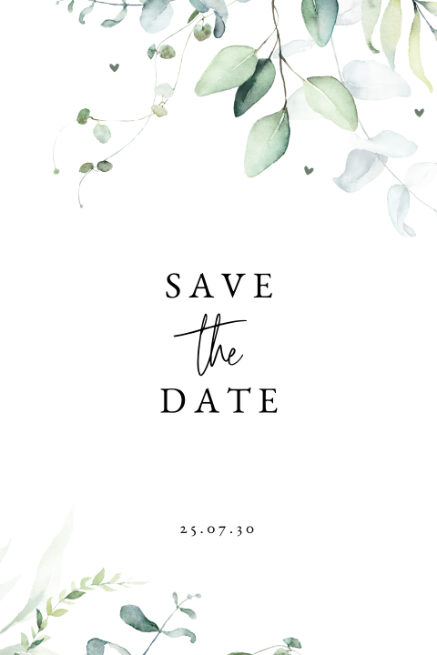 Botanische Save the date Karte mit kunstvollem Schriftzug und Zweigen