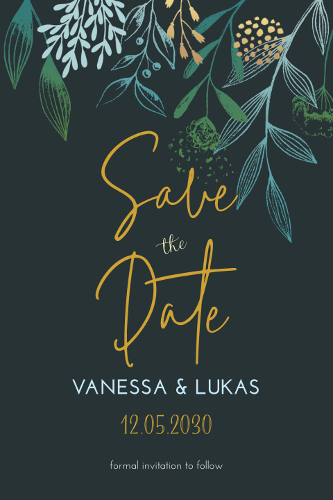 Trendige Save the Date-Karte mit Zweigen auf dunklem Hintergrund