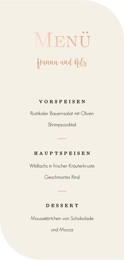 Menükarte in besonderer Form mit Roségoldfolie