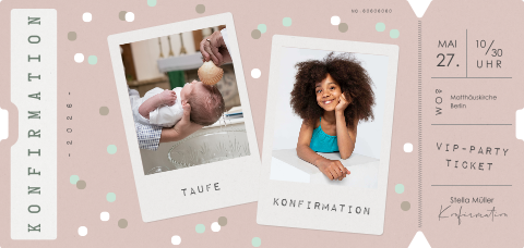 Einladung zur Konfirmation mit zwei Fotos im rosa Ticketstil