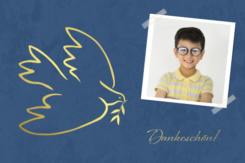 Dankeskarte zur Kommunion in Blau mit Foto und Taube in Goldfolie