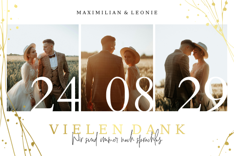 Goldfolie Dankeskarte mit drei Fotos und Zweigen