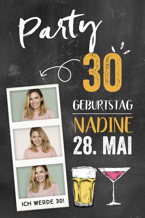 Einladung zum 30. Geburtstag mit Schiefertafellook und Fotos