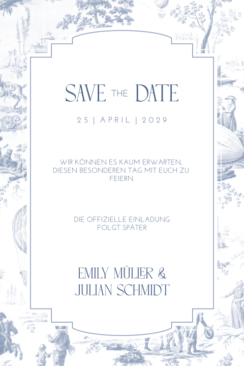 Save-the-Date Karte im Bridgerton-Stil in Weiß und Blau
