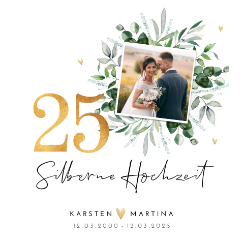 Quadratische Einladung zur Silberhochzeit mit Foto und Zweigen