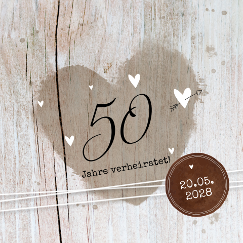 Schöne Goldenen Hochzeit Karte in Holzoptik mit Herzen