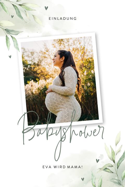 Botanische Einladung zur Babyshower mit Zweigen und Foto