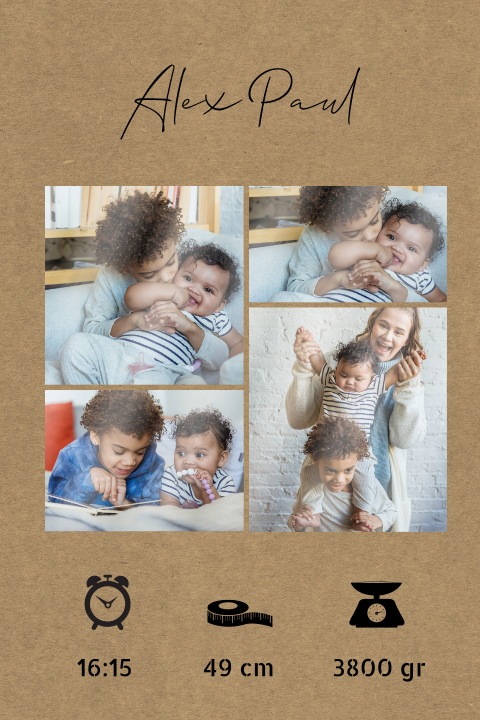 Geburtskarte mit Foto-Collage im Kraft-Look