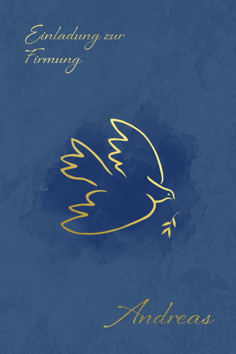 Blaue Einladung zur Firmung mit Goldfolie und Taube