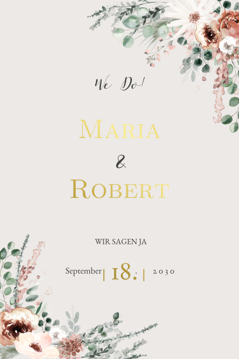 Elegante Hochzeitseinladung mit Goldschrift und Blumenecken